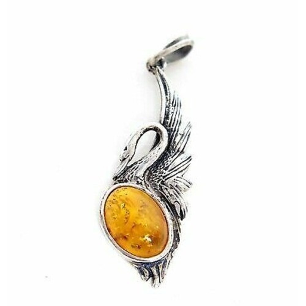 Vintage Swan Bird Amber Cabochon Sterling Silver Necklace Pendant*1-3/4"*925